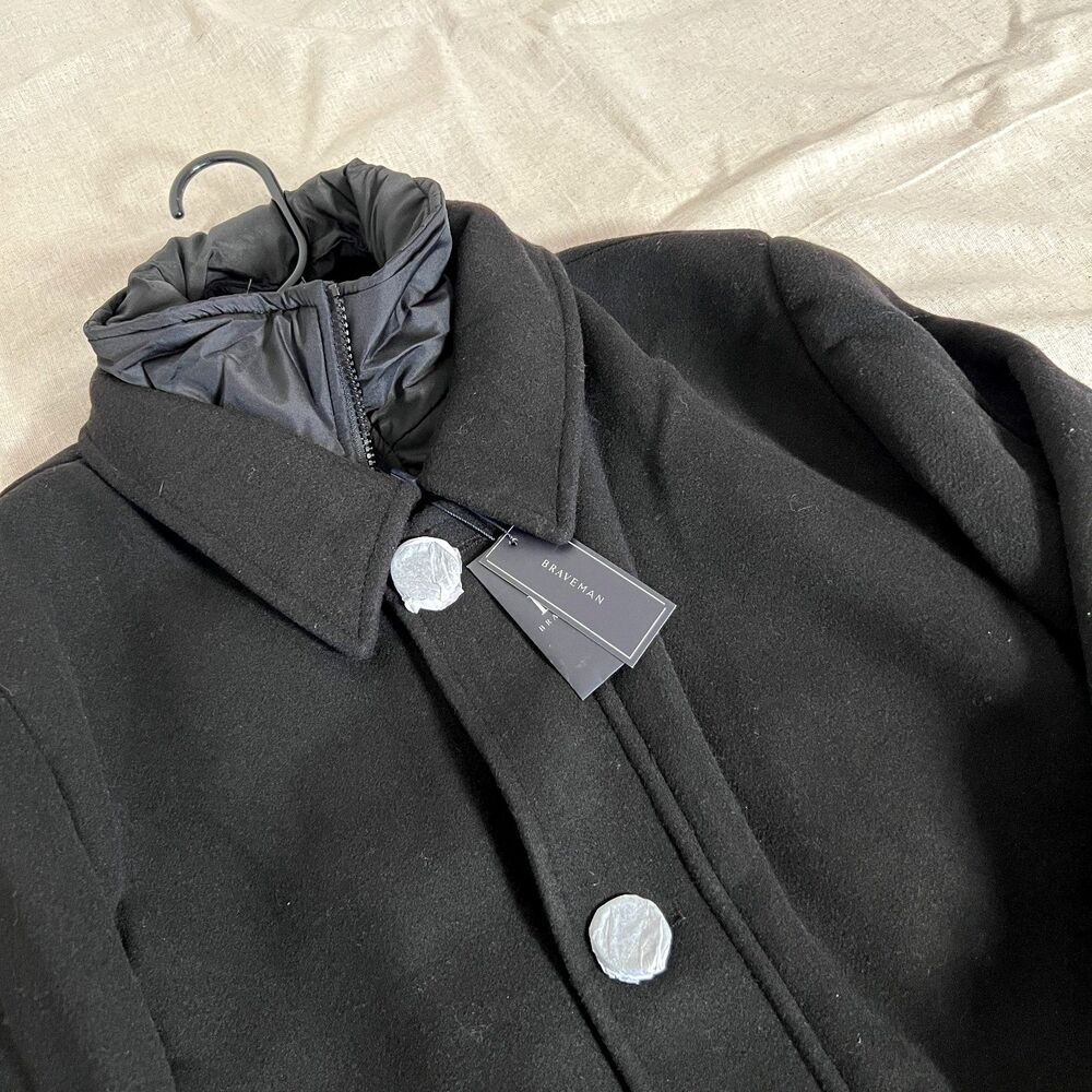 Braveman Men’s Black Wool Blend Puffer Coat Jacket Size L Button Front Insulated